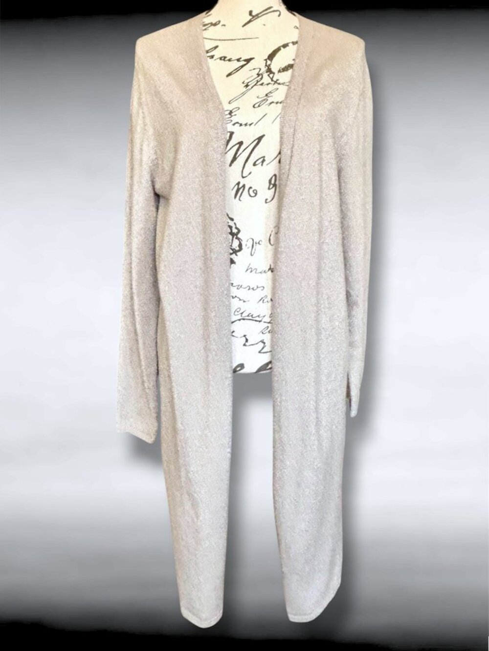 T Tahari Women's Medium Champagne Glitter Long Lightweight Open Cardigan NWT